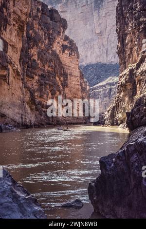 River rafting on the Rio Grande River in Santa Elena Canyon in Big Bend National Park in Texas.  Mexico is at left. Stock Photo