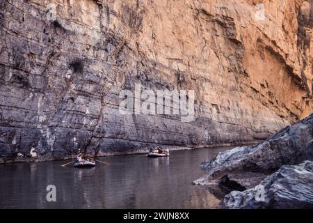 River rafting on the Rio Grande River in Santa Elena Canyon in Big Bend National Park with Mexico across the river. Stock Photo