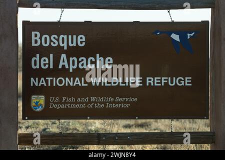 The entrance sign for the Bosque del Apache National Wildlife Refuge near San Antonio, New Mexico. Stock Photo