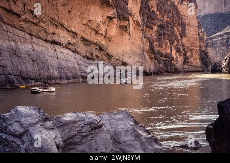 River rafting on the Rio Grande River in Santa Elena Canyon in Big Bend National Park in Texas.  Mexico is at left. Stock Photo