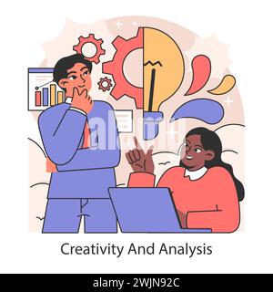 Creativity and analysis concept in advertising. A thoughtful approach to combining innovative ideas with data-driven strategies. Integrating art and science in marketing. Flat vector illustration. Stock Vector