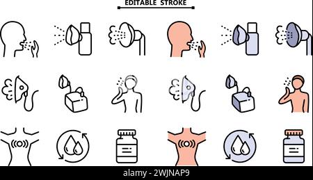 Vector set of nebulizers of different types. Editable stroke. Vector illustration. Nebulizer signs collection. Medical equipment for inhalation in the Stock Vector