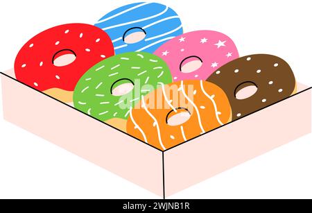 Glazed donuts in box. Bakery sweet pastry food. Vector illustration. Stock Vector