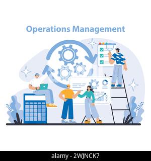 Strategy and management concept. Teams enhancing workflow, optimizing processes, and productivity. Streamlining tasks, increasing output, integrating technology. Flat vector illustration. Stock Vector