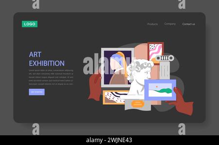 Museum or art gallery dark or night mode web, landing. Hands showcase diverse art pieces at an exhibition, presenting classic sculptures to modern paintings. Flat vector illustration Stock Vector