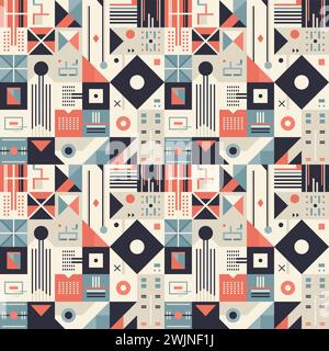 Abstract seamless pattern in retro style with geometric shapes and lines, flat vector illustration Stock Vector
