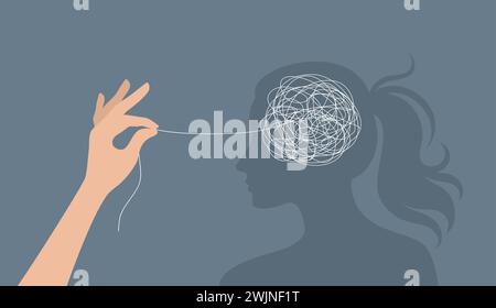 Hand untangling a tangle of thoughts in a woman's head. The concept of psychological help and support. Flat vector illustration Stock Vector