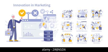 Marketing innovation set. Modern digital strategies and technological solutions in advertising. Data-driven decision making, customer engagement enhancement. Vector illustration. Stock Vector