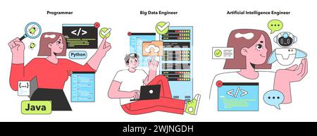 Bright and cheerful vector artwork showcasing IT experts a programmer, a big data engineer, and an AI engineer engaged in their high-tech tasks and innovations Stock Vector