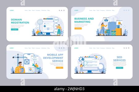 Business and marketing web or landing page set. Comprehensive services in domain registration, business marketing, mobile app, and SEO. Tailored digital strategies for online success. Vector. Stock Vector