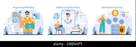 Technology and Innovation set. Immersive augmented reality experiences, accessible online legal assistance, secure blockchain technology. Streamlining virtual interaction and transactions. Stock Vector