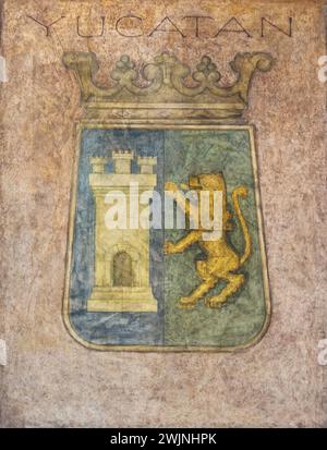 Coat of arms of the state of Yucatan, mural by Diego Rivera, at the SEP building in Mexico City, Mexico. Stock Photo