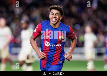 Barcelona, Spain. 11th Feb, 2024. Lamine Yamal celebrates after scoring a goal during the LaLiga EA Sports match between FC Barcelona and Granada CF a Stock Photo