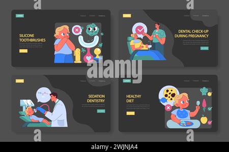 Preventing Tooth Decay Children set. Exploring child-friendly dental products, prenatal dental care, sedation options, and nutritional choices. Stock Vector