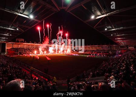 St Helens, UK. 16th Feb, 2024. Pyrotechnics greet the players before the Betfred Super League Round 1 match St Helens vs London Broncos at Totally Wicked Stadium, St Helens, United Kingdom, 16th February 2024 (Photo by Steve Flynn/News Images) in St Helens, United Kingdom on 2/16/2024. (Photo by Steve Flynn/News Images/Sipa USA) Credit: Sipa USA/Alamy Live News Stock Photo