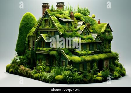 Beautiful green concept house in white background. green color house with many flowers and plants planted on it. Stock Photo