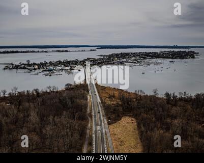 An aerial view of the marsh at Pelham Bay Park in the Bronx, New York on a cloudy day. Stock Photo