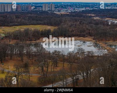 An aerial view of the marsh at Pelham Bay Park in the Bronx, New York on a cloudy day. Stock Photo