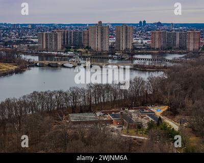 An aerial view of the marsh at Pelham Bay Park in the Bronx, New York on a cloudy day. Stock Photo