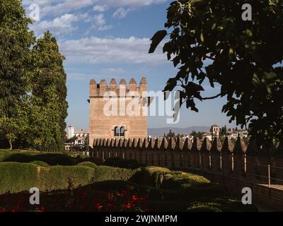 A bastion tower inside the Alhambra palace complex in Granada, Andalusia, Spain, Arabic architecture, summer Stock Photo