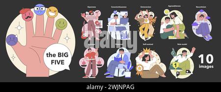 The Big Five Personality Traits concept. Visual guide to understanding character with emotive representations and behaviors. Insightful psychological profiles. Flat vector illustration Stock Vector