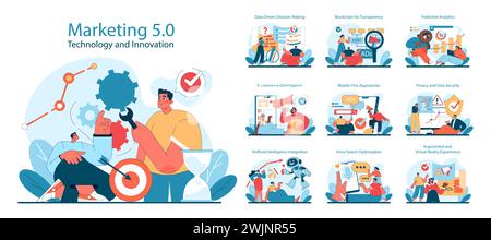 Marketing 5.0 set. Digital innovation and technology in advertising. Data analysis, blockchain, AI integration, and security. Flat vector illustration. Stock Vector