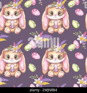 Seamless pattern bunny with flowers, leaves, feathers. Egg hunt. Happy Easter 2024. Rabbit character spring animal clipart. Hand-drawn watercolor Stock Photo