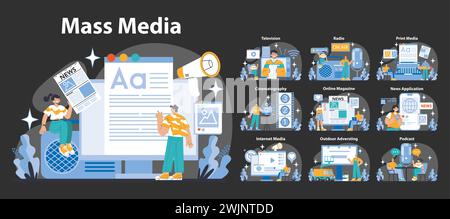 Mass media night or dark mode set. Diverse digital platforms and broadcasting methods. Engaging content creation and sharing. Communication technology evolution. Flat vector illustration. Stock Vector