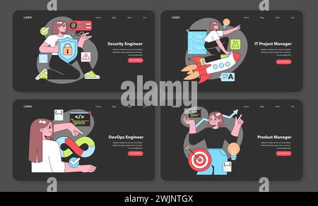 This series of vibrant vector illustrations highlights key IT roles, featuring a vigilant Security Engineer, a dynamic IT Project Manager, an innovative DevOps Engineer, and a strategic Stock Vector
