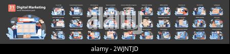 Digital Marketing Vector Set. Comprehensive collection illustrating digital marketing concepts, showcasing strategies and online tools. Flat vector illustrations. Stock Vector