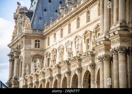 February- 1- 2024- Paris France- View of the architectural details of the Louvre Museum. Louvre Museum is one of the largest and most visited museums Stock Photo