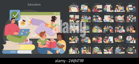 Comprehensive education set. People of various ages and races study. Wide array of educational scenes, from digital learning to traditional classrooms and cultural education. Flat vector illustration Stock Vector