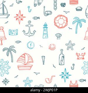 Cute hand drawn seamless pattern with nautical elements. Marine symbols. Nautical icons. Vector illustration Stock Vector