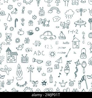 Cute hand drawn children drawings seamless pattern. Doodle children drawing background. Vector illustration Stock Vector
