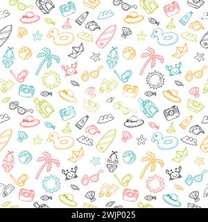 Beach theme background. Cute hand drawn summer theme seamless pattern. Vector illustration Stock Vector