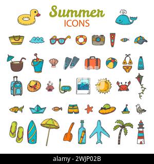 Beach icons collection. Hand drawn summer vector icon set.  Vacation. Vector illustration Stock Vector