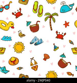 I love summer. Seamless summer pattern with hand drawn beach icons. Vector beach background. Summer print. Vector illustration Stock Vector