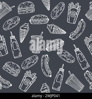 Fast food seamless pattern. Hand drawn food background. Background template for restaurant design. Menu pattern. Vector illustration Stock Vector