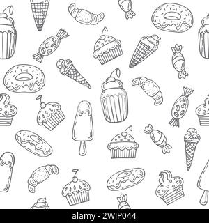 Hand drawn seamless pattern with sweets, cupcakes, bakery, cakes and desserts. Sweet desserts background. Vector illustration Stock Vector