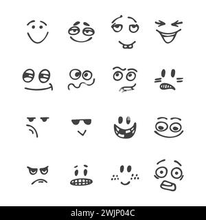 Set of hand drawn funny faces. Happy faces. Different emotions. Sketched facial expressions set. Vector illustration Stock Vector