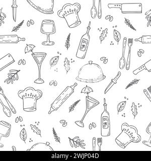 Hand drawn food seamless pattern. Sketch kitchen design elements. Vector illustration Stock Vector