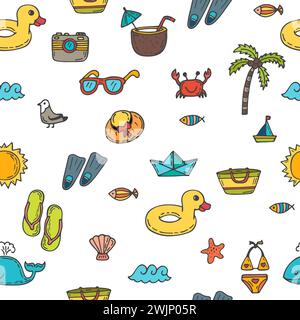 Seamless summer pattern with hand drawn beach icons. Vector beach background. Summer print. Vector illustration Stock Vector