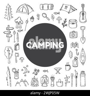 Set of hand drawn camping and hiking equipment.  Hike icons. Travel and vacation doodle collection. Vector illustration Stock Vector