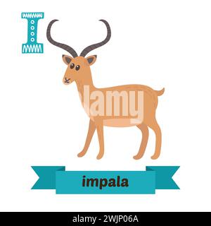 Impala. I letter. Cute children animal alphabet in vector. Funny cartoon animals. Vector illustration Stock Vector