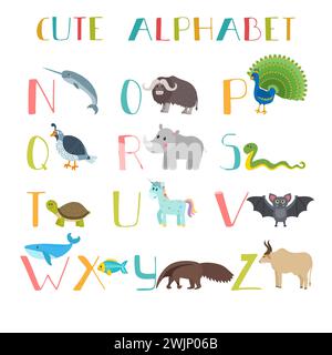 Zoo. Cute cartoon animals alphabet from N to Z. Vector illustration Stock Vector