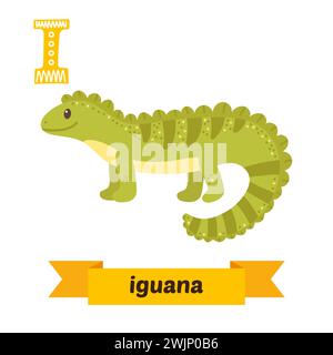 Iguana. I letter. Cute children animal alphabet in vector. Funny cartoon animals. Vector illustration Stock Vector