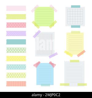 Collection of various note papers with different tape strips. Cute design elements. Vector illustration Stock Vector