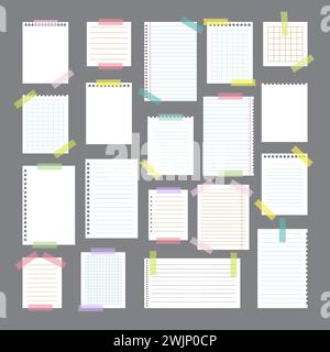 Collection of various note papers with different tape strips. Cute design elements. Vector illustration Stock Vector