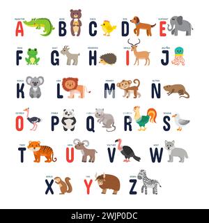 Zoo alphabet with cute cartoon animals. Vector illustration Stock Vector