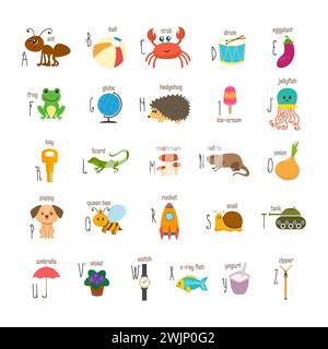 Children alphabet with cute cartoon animals and other funny elements. ABC. Cartoon vocabulary for education. Vector illustration Stock Vector